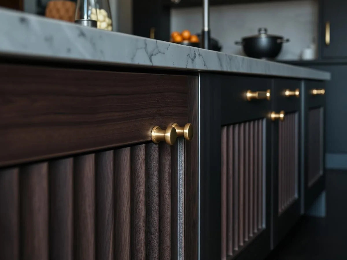 Detalle de isla de cocina con listones y herrajes en bronce