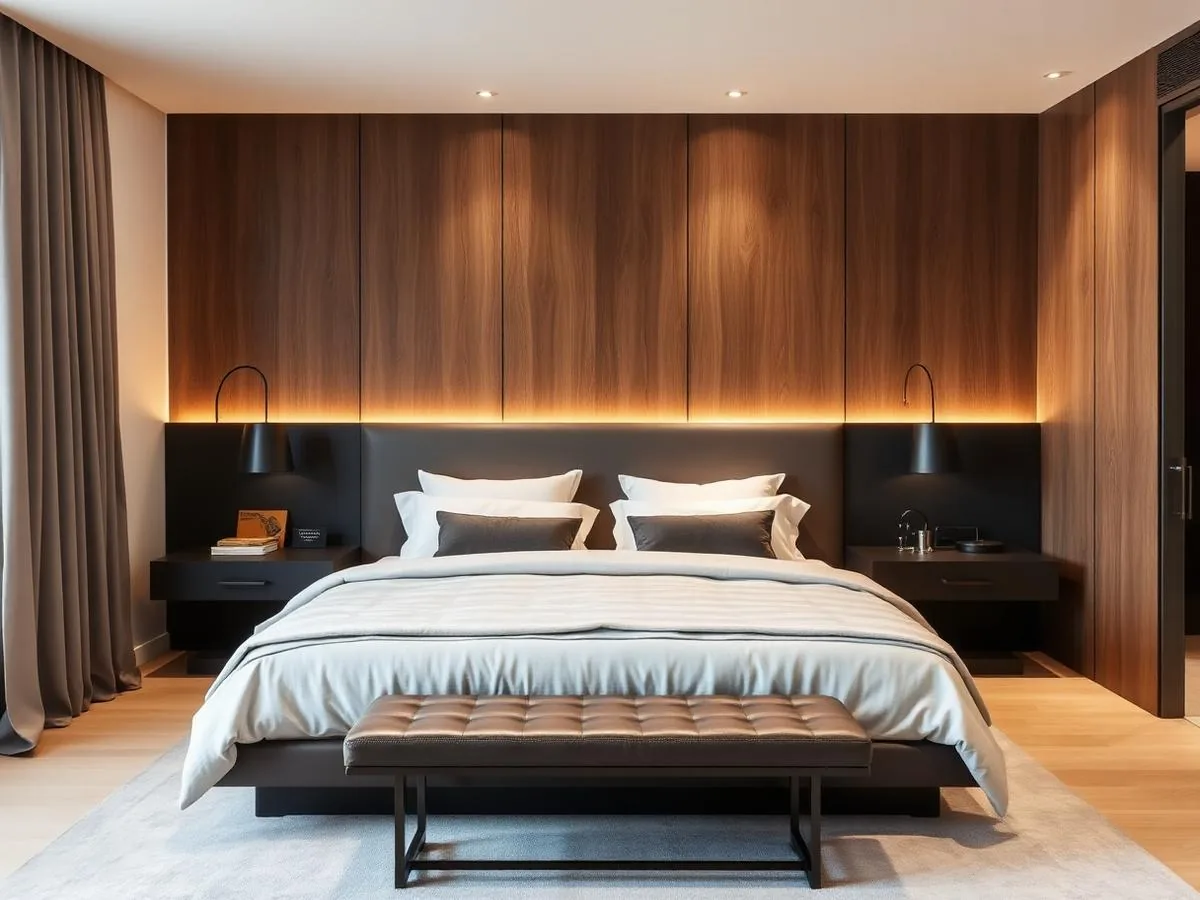 Habitación con panel de madera en cabecera