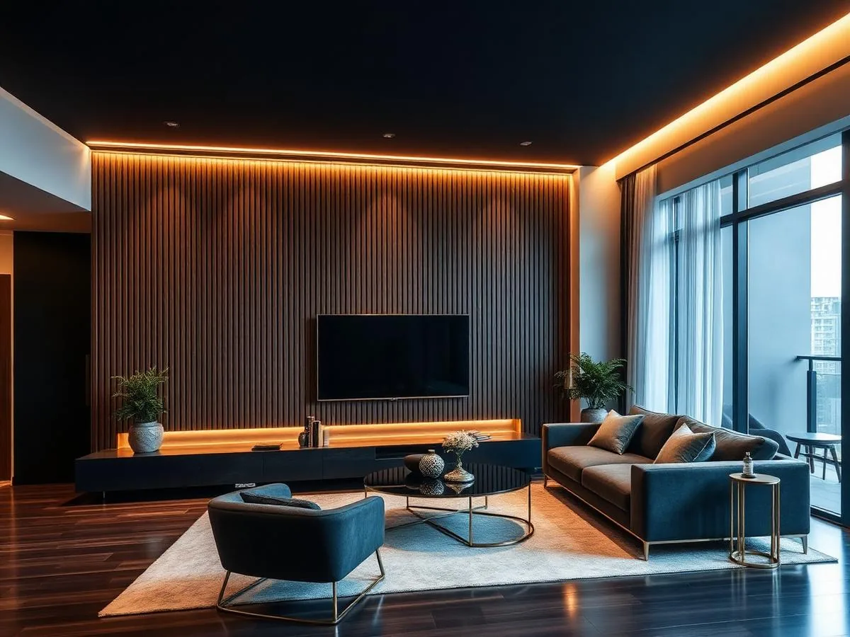 Sala con muro de listones de madera e iluminación indirecta